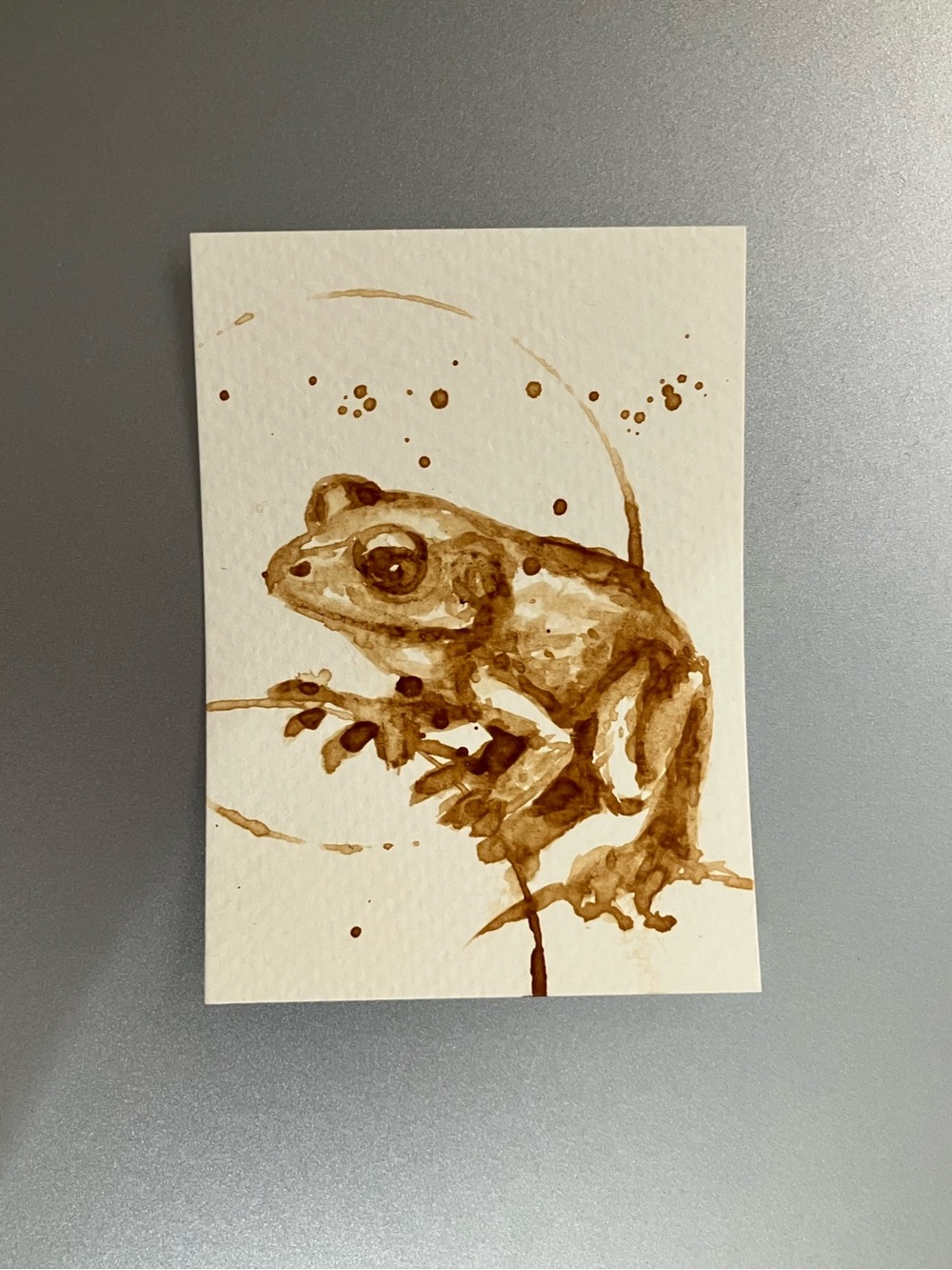 ORIGINAL coffee frog painting amphibian art miniature realism animal artwork